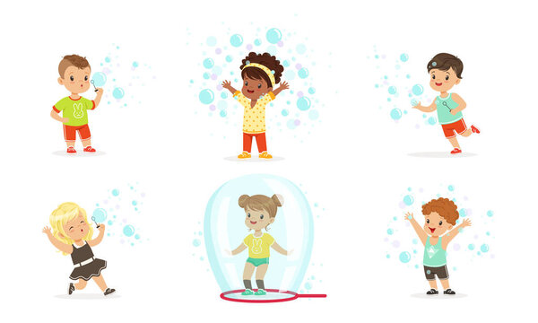 Boys and girls blow bubbles. Set of vector illustrations.