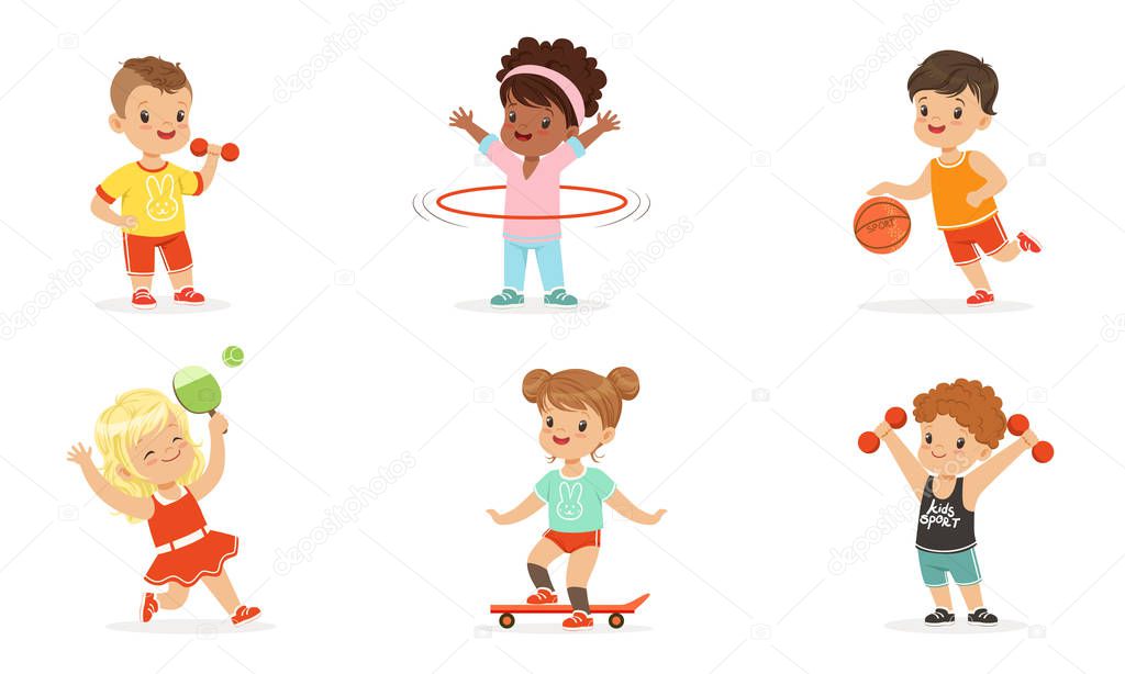 Children engage in various sports. Set of vector illustrations.