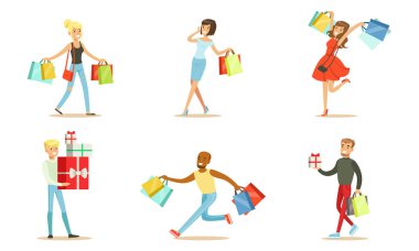 Paketleri olan mutlu müşteriler. Beyaz arkaplanda vektör illüstrasyonu.