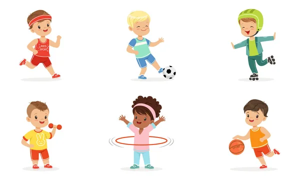 Crianças em diferentes uniformes esportivos. Conjunto de ilustrações vetoriais . —  Vetores de Stock