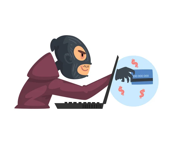 Hombre hacker usando guantes y máscara irrumpiendo en la ilustración del vector del ordenador portátil — Vector de stock