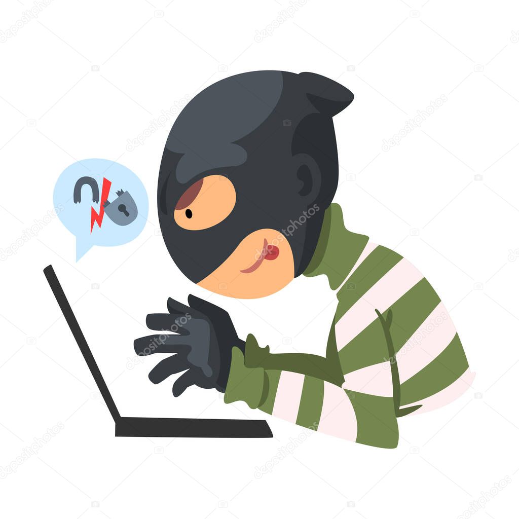 Data Theft. Hacker Wearing Mask Breaking into Laptop Vector Illustration