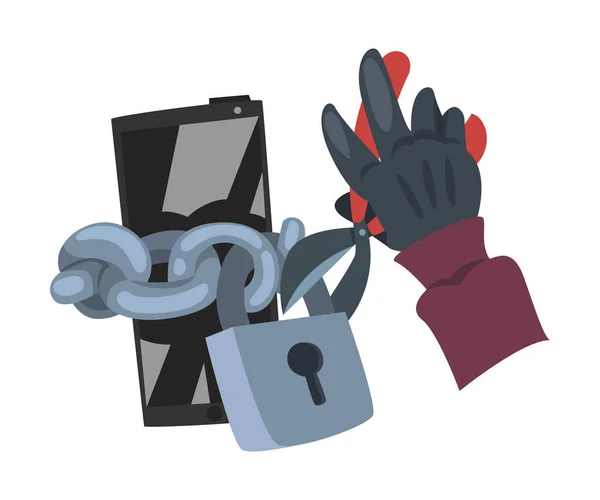 Datadiefstal. Hacker dragen handschoenen inbreken in Smartphone Vector Illustratie — Stockvector