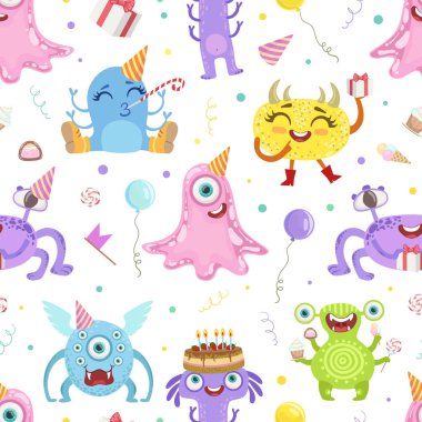 Şirin canavarlarla kusursuz bir düzen. Vektör illüstrasyonu.