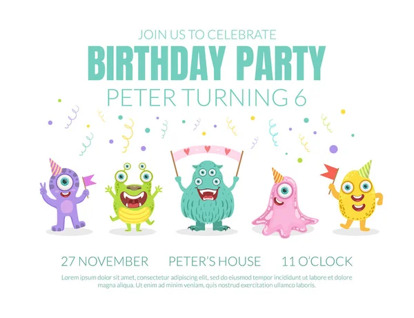 Invitation d'anniversaire avec des monstres mignons. Illustration vectorielle . — Image vectorielle