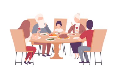 Yemek Masasında Birlikte Oturan Mutlu Aile Vektör İllüzyonu