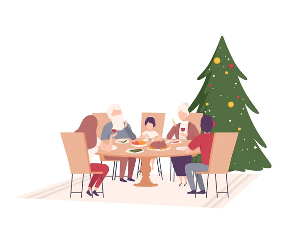 Família feliz sentada na mesa de jantar juntos ilustração vetorial —  Vetores de Stock