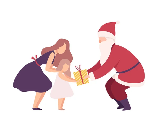 Ο άνθρωπος φορώντας κοστούμι Άγιος Βασίλης δίνοντας κουτί δώρου στο κοριτσάκι εικονογράφηση διάνυσμα — Διανυσματικό Αρχείο