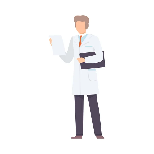 Manlig Läkare Karaktär med Urklipp, Professionell Medicinsk Arbetare I Vit Lab Coat Vector Illustration — Stock vektor