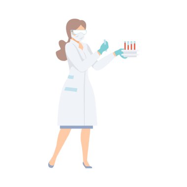 Kadın laboratuvar asistanı elinde kanla test tüpleri tutuyor, Doktor Tıbbi Test Vektörü çizimi yapıyor.