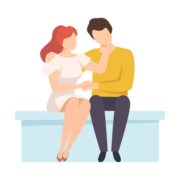 Gezichtsloze vrouw zitten op bank naast de man en hem aanmoedigen door het houden van zijn arm vector illustratie — Stockvector
