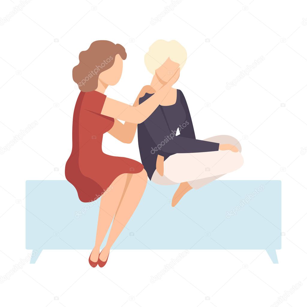 Two Women Sitting On Bench Beside Each Other and One Encouraging Another By Putting Arm on Shoulder Vector Illustration