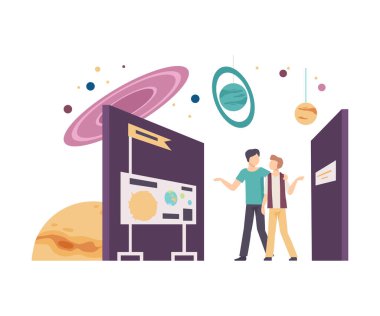 Planetaryumda Yürüyen ve Galaksi Vektörü İllüzyonu Öğrenen Gençler