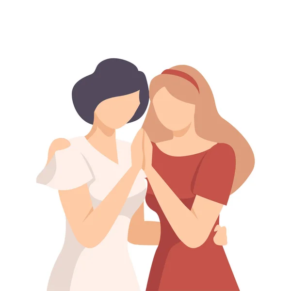 Vrouw omhelzen huilen vrouw en kalmeren haar vector illustratie — Stockvector