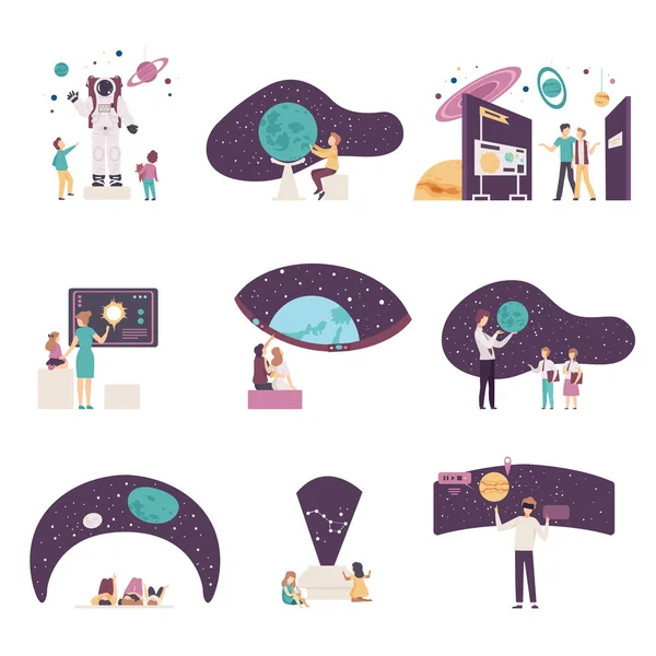 People Characters Visiting Planetarium Vector Illustrations Set — Stock Vector