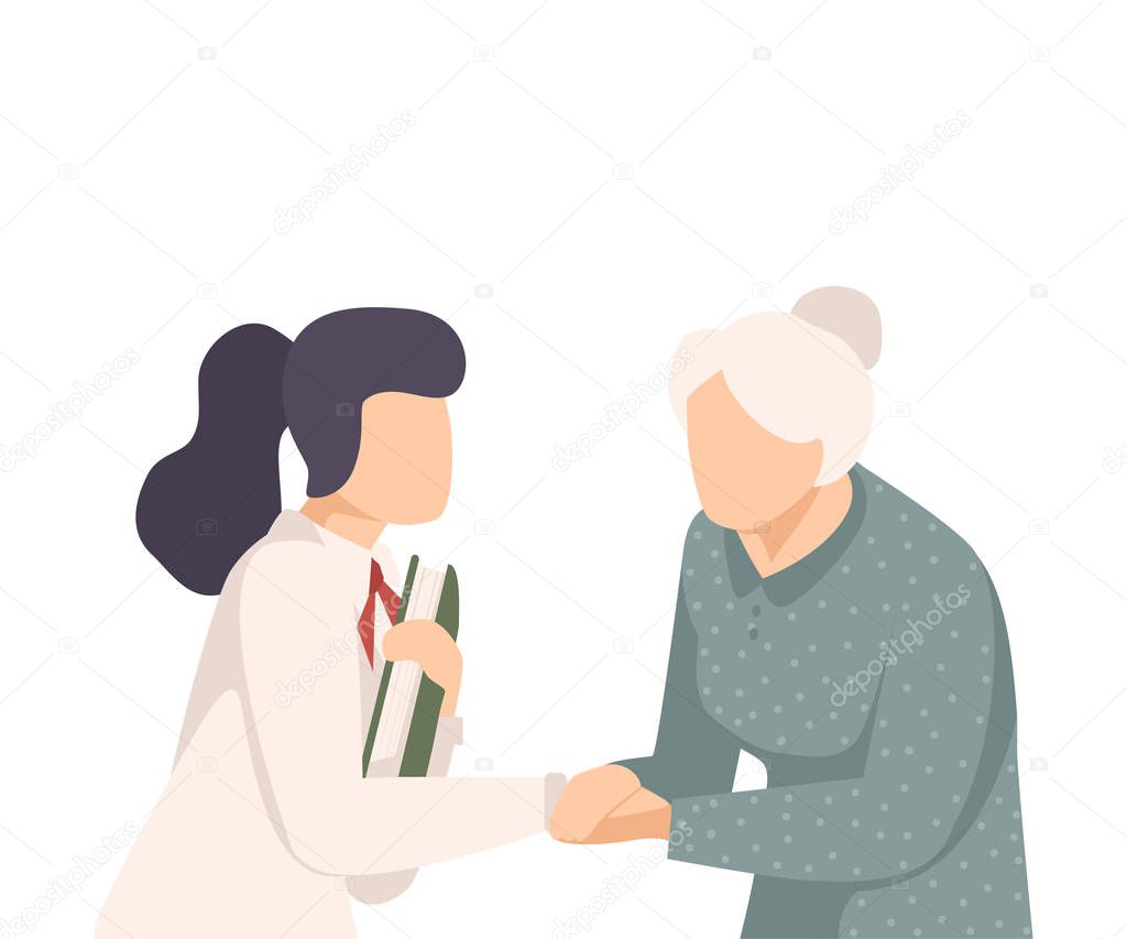 Young Woman Soothing Senior Female Holding Her Hand and Giving Word Support Vector Illustration