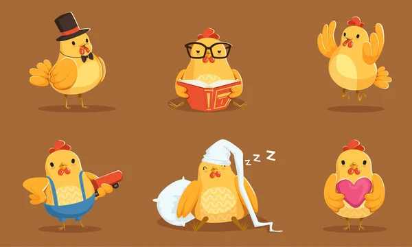 Sada animovaných kuřat v různých akcích vektorové ilustrace karikatura znak — Stockový vektor