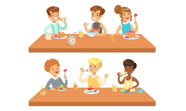Diverse concezioni di alimentazione dei bambini, pasti sani e personaggi dei cartoni animati Fastfood Vector Illustration — Vettoriale Stock
