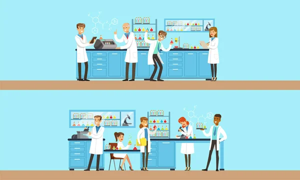 People in the laboratory are conducting an experiment. Vector illustration on a blue background. — Stock Vector