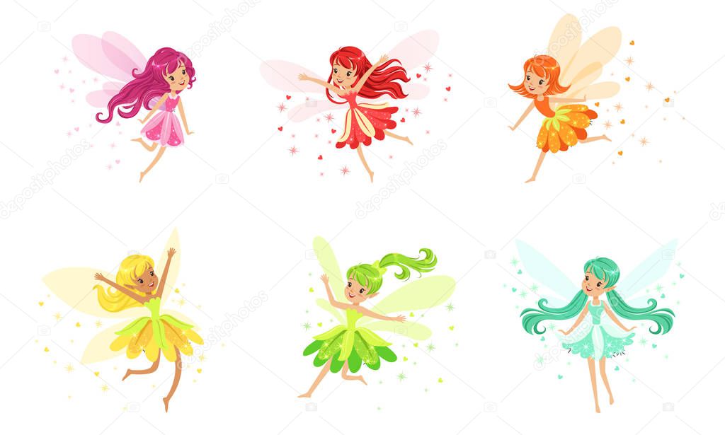 Set Of Six Flying Fairies Of Many Colors And Poses Beautiful Fairytale Creatures With Pretty Wings Worn Bright Colorful Dresses Vector Illustrations Cartoon Characters Isolated White Background 323601876 Larastock