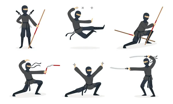 Ninja in schwarzer Kleidung. Reihe von Vektorillustrationen. — Stockvektor