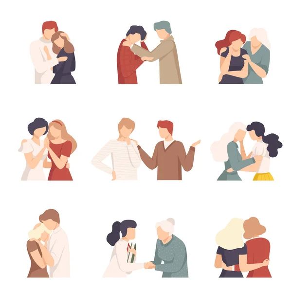 People Supporting Each Other with Words and Standing by Side Vector Illustrations Set — Stock Vector