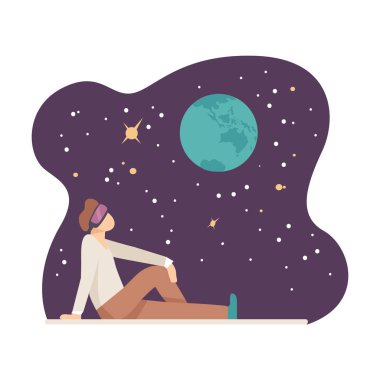 Yerde Dijital Gözlüklü Genç Adam Oturuyor ve Yıldızlı Gökyüzü Projeksiyon Resmini İzliyor