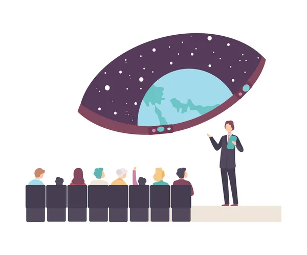 People Characters Attending a Lecture in Planetarium Vector Illustration — Stock Vector
