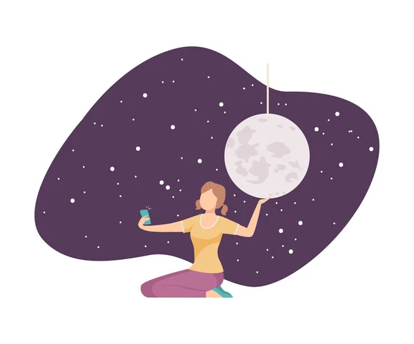 Young Girl Making Selfie with Galaxy Installation in Planetarium Vector Illustration — Stock Vector