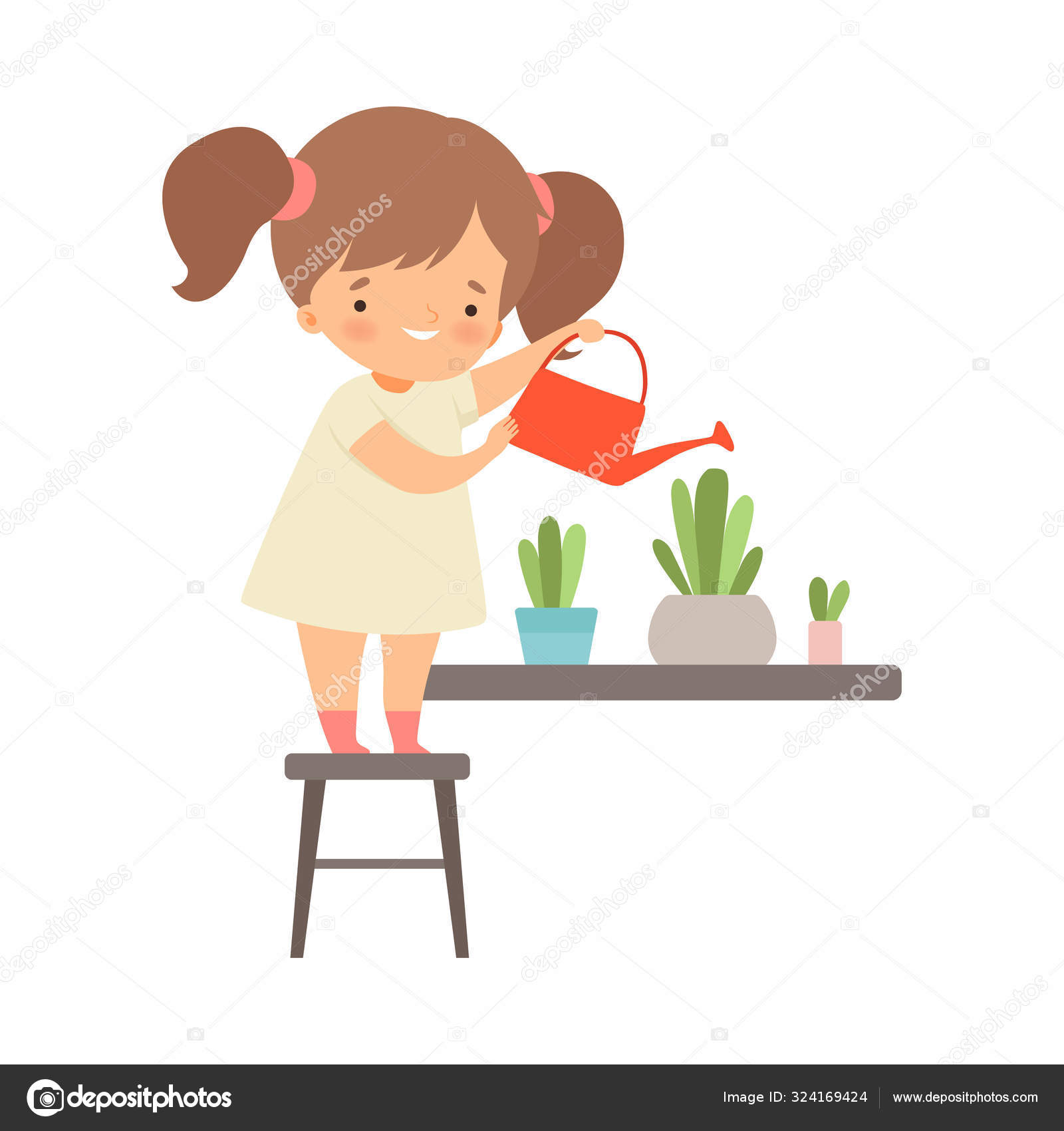Little Girl Standing On Chair And Watering Flowers Vector Illustration Stock Vector Image By C Topvectors