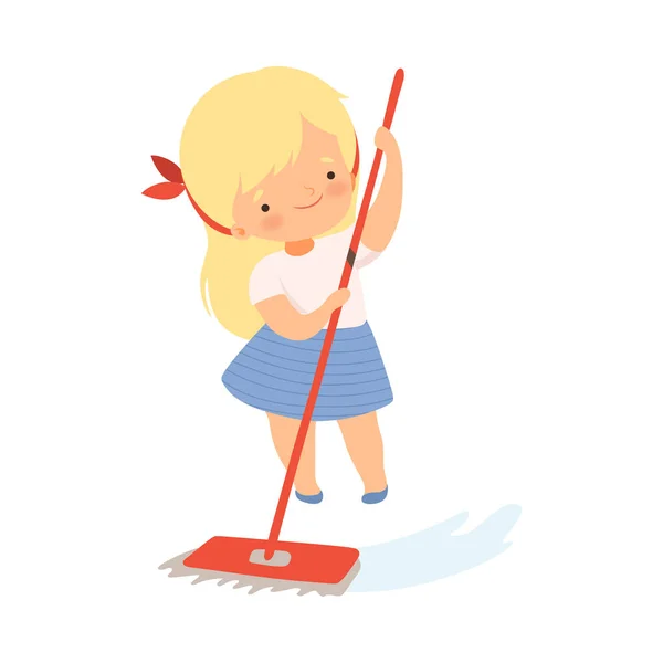 Mała dziewczynka sprzątanie podłogi z mopem na własnym wektor ilustracji — Wektor stockowy