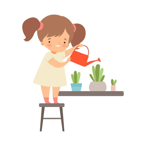 Menina em pé na cadeira e regando flores Vector Ilustração — Vetor de Stock