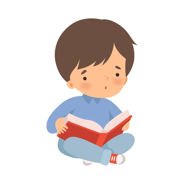 바닥에 앉아서 글읽는 법을 배우는 소년 캐릭터 — 스톡 벡터