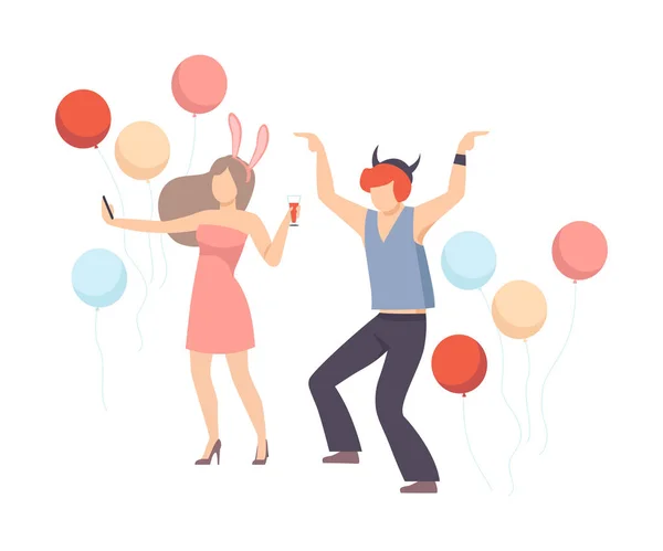 Homme et femme dansant joyeusement avec des ballons lors d'une illustration vectorielle de fête isolé sur fond blanc — Image vectorielle