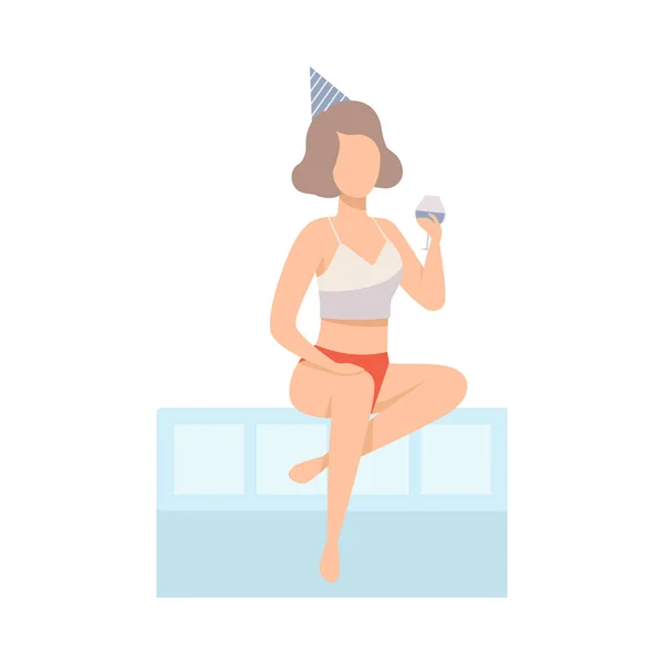Girl Sitting On Side Of Pool With Glass Of Cocktail At Party Vector Illustration Isolated On White Background — Stock Vector