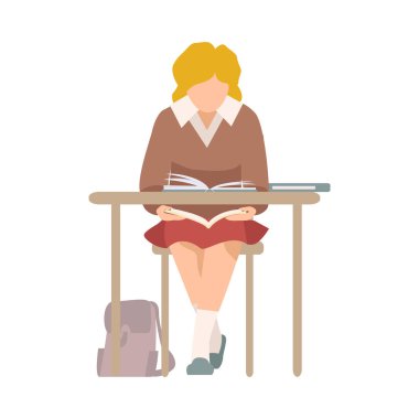 Okul masasında oturan ve kitap vektörü illüstrasyonu okuyan yaramaz kız.
