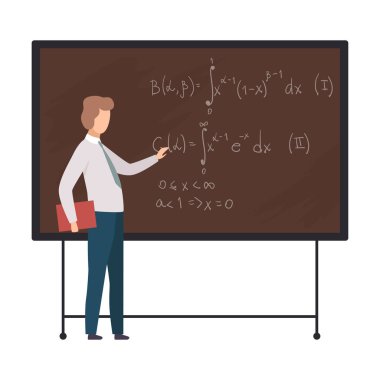 Genç Matematik Adamı Öğretmen Tahtada Duruyor ve Formül Vektörü Resmini Açıklıyor