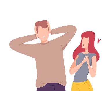 Sinir bozucu Kadın Kalbini Almayı Reddeden Erkeğe Sunmaya Çalışıyor, Erkek ve Kadın Karakterler Karşılıksız Duygular, Tek Taraflı veya Reddedilmiş Aşk Düz Vektör İlülasyonu