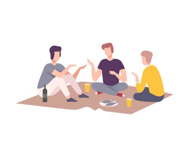 Parkta piknik yapan erkek arkadaşlar, doğada dinlenen insanlar, erkek karakterler dışarıda yemek yiyen ve konuşan düz vektör çizimleri.