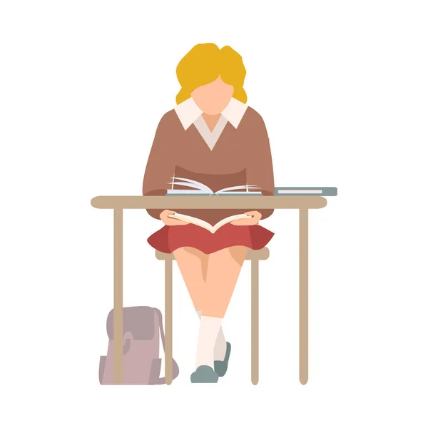 Naughty meisje zitten aan de schoolbalie en lezen boek vector illustratie — Stockvector