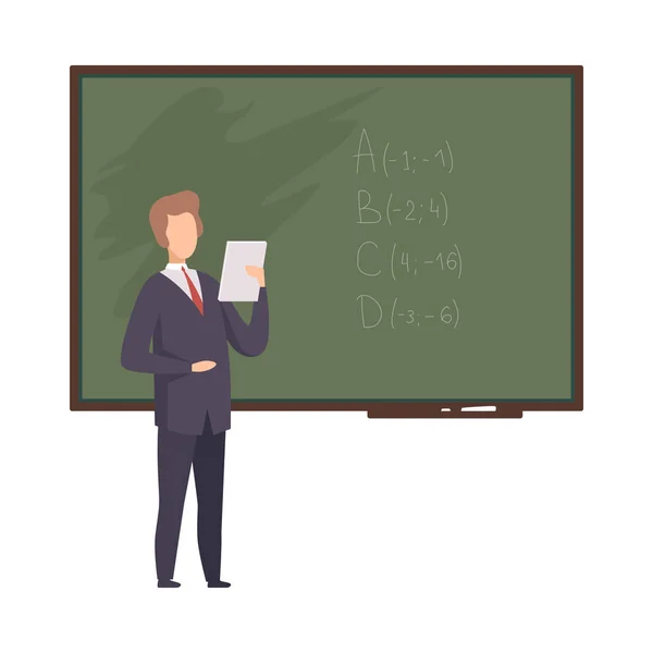 Joven profesor de matemáticas sin rostro parado en la pizarra y explicando la ilustración vectorial de la fórmula — Vector de stock