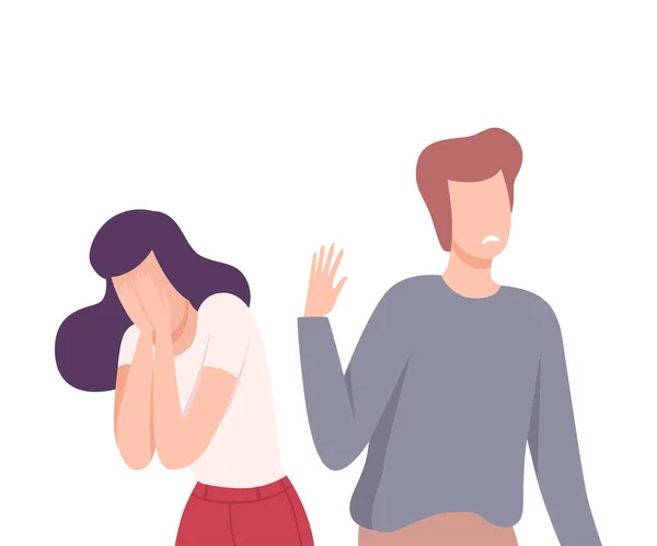 Hombre joven rechaza sentimientos de chica cariñosa, sentimientos no correspondidos, una cara o rechazado amor plana Vector Ilustración — Vector de stock