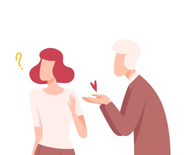 Hombre ofreciendo su corazón a la mujer que se niega a tomarlo, personajes masculinos y femeninos que experimentan sentimientos no correspondidos, una cara o rechazado amor plano Vector ilustración — Archivo Imágenes Vectoriales