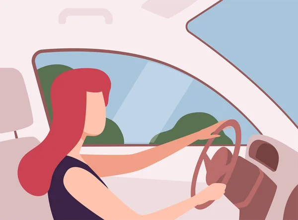 Junge Frau am Steuer, Blick von innen, Fahrerin hält Hand an Lenkrad-Vektor-Illustration — Stockvektor