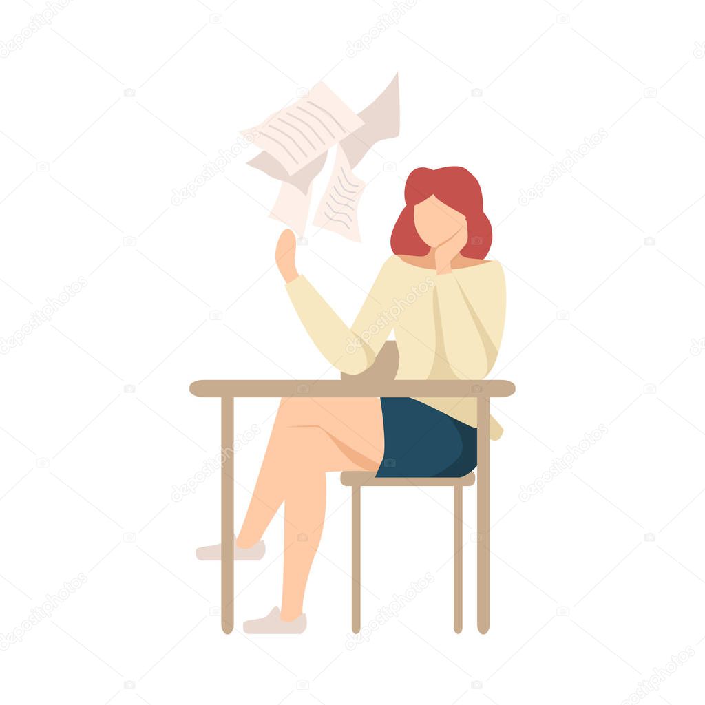 Lazy Girl Sitting At School Desk not Wanting to Write Essay Vector Illustration