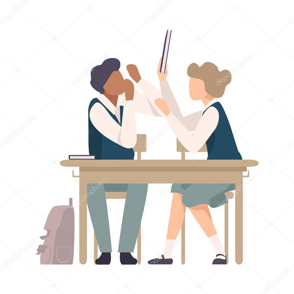 Pupils Sitting At School Desk and Fighting with School Book During Lesson Vector Illustration