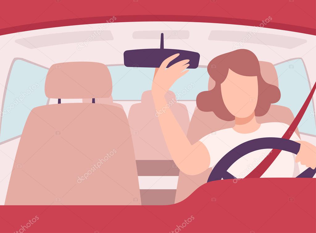 Woman Driving a Car, Front View from the Inside, Female Driver Character Holding Hands on a Steering Wheel Vector Illustration