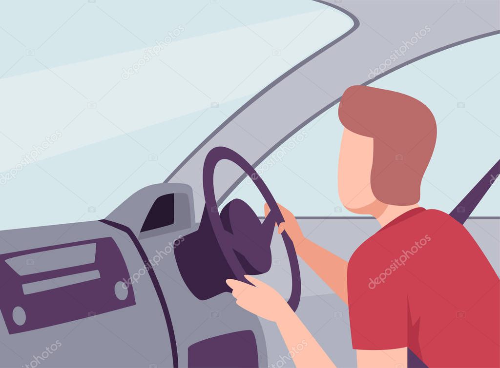 Man Driving a Car, View from the Inside, Male Driver Character Holding Hands on a Steering Wheel Vector Illustration
