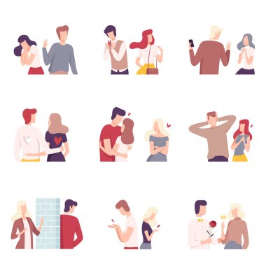 Man and Woman Experiencing Unrequited Feelings Set, Indifferent Partners and Fans in Love, One Sided or Rejected Love Flat Vector Illustration clipart