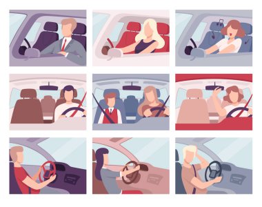 Araba Sürücüsü Seti, İçeriden Görünüm, Kadın ve Erkek Sürücü Karakterleri Direksiyon Vektörü Resimlerinde El ele tutuşuyor
